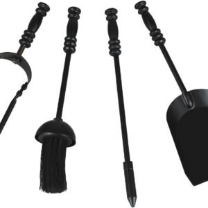 Haft Style 5PC Black Fireplace Companion Set: Broom, Shovel, Tongs & Poker with Stand - 41.5cm Height