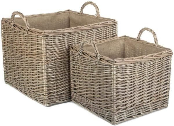 Red Hamper Small Antique Wash Square Hessian Lined Log Basket, Wicker, Brown